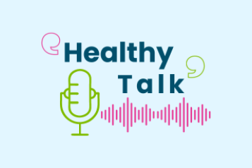 Logo of our podcast Healthy Talk which features a microphone in green, pink sound waves and quotation marks in green and pink. 